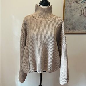 Topshop Wool-Blend High Neck Drop Shoulder Wide Rib Oversized Sweater M Oatmeal